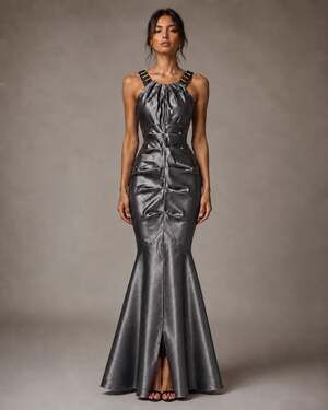 Juno Dress Collection Metallic Gray Taffeta Beaded Neckline Formal Gown Style 87